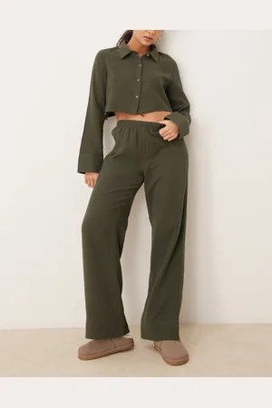 Urban Threads Waffle crop long sleeve button down and boxer trouser pyjama set in khaki