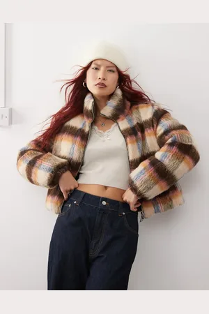 Monki Reversible padded jacket in hairy check