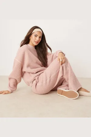 ASOS Lounge borg sweat & wide leg trouser set in dusky