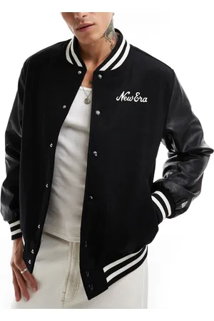 New Era Script logo varsity style bomber with PU contrast sleeves in