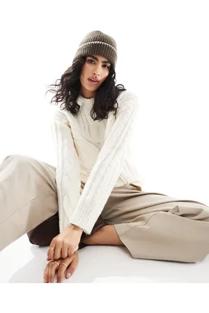 Pieces® Spliced cable knit detail jumper with split front in cream