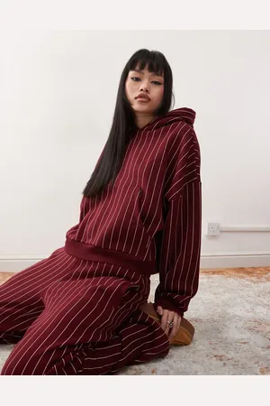 Reclaimed Boxy hoodie in burgundy pinstripe