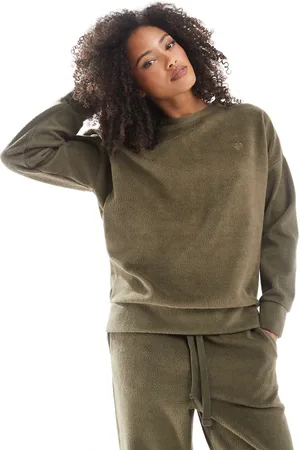 Miss Selfridge Fleece lined heart embroidered sweatshirt in khaki