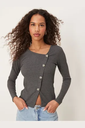 JDY Asymetric ribbed button detail top in dark