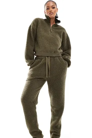 ASOS ASOS DESIGN Tall lounge borg zip collar sweat & tapered trouser set in khaki