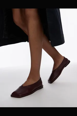 Topshop Charlotte leather square toe unlined flat shoes in burgundy