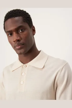 SELECTED Merino wool knitted polo shirt in cream