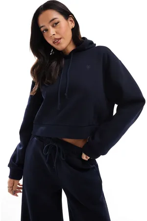 Miss Selfridge Oversized heart embroidered heavy fleece lined hoodie in indigo