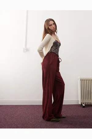 Reclaimed Wide leg ribbed trouser in burgundy