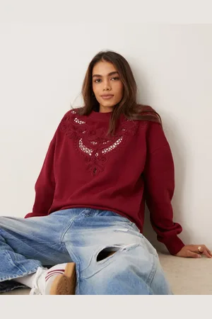 Miss Selfridge Embroidery cut out detail sweatshirt in burgundy