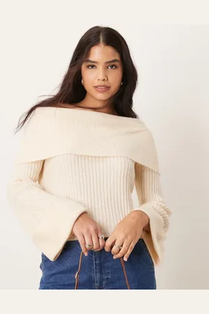 Miss Selfridge Wide cuff bardot knitted jumper in cream