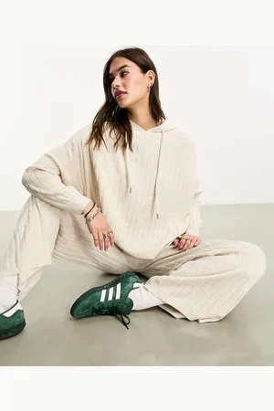 ONLY Ribbed knit hoodie co-ord in cream