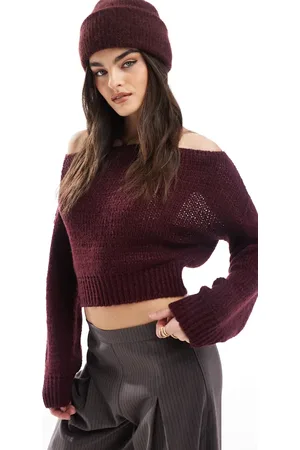 Miss Selfridge Off the shoulder knitted jumper in plum