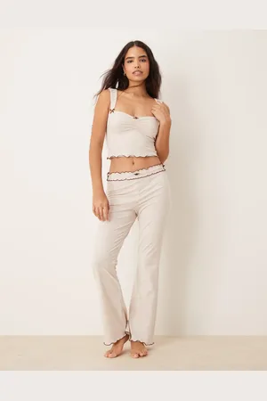 The Frolic Exclusive contrast lettuce edge slim flare pyjama lounge trouser co-ord in oatmeal marl