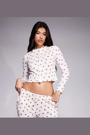 Kaiia Exclusive pointelle pyjama bottoms co-ord in red ditsy floral