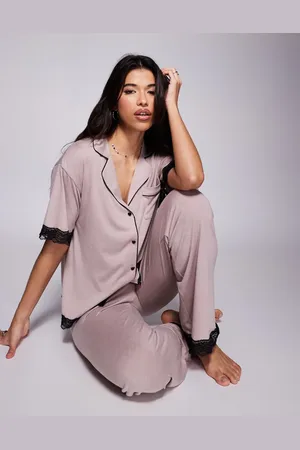 River Island Lace trim jersey pyjama set in mid