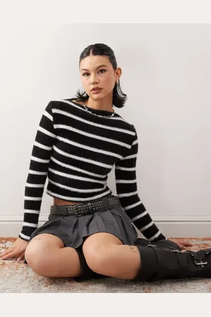 COLLUSION Slash neck fluffy monochrome stripe fitted jumper