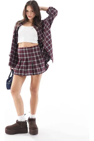 Miss Selfridge Check flannel pleated mini skirt in burgundy