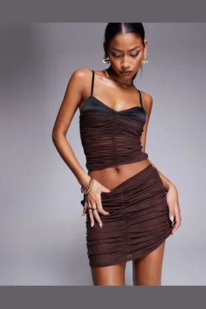 ASOS Co-ord ruched mesh mini skirt in chocolate