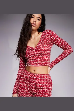 Kaiia Exclusive mix and match pj shorts co-ord in burgundy bow print