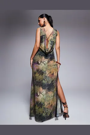 Murci Exclusive chiffon cowl neck low back lace detail maxi dress in snake print