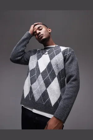 Topman Crew jumper in & white argyle