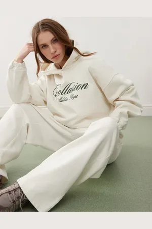 COLLUSION Relaxed washed embroidery hoodie in ecru