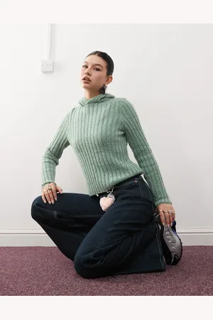 Reclaimed Fluffy rib knitted hoodie in aqua