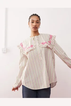 Reclaimed Shirt with oversized collar in pink and green stripe