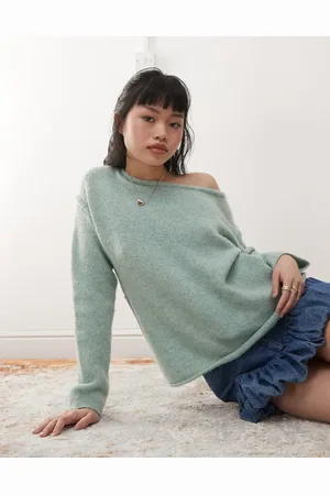 Miss Selfridge Asym off the shoulder slouchy cosy knit jumper in pale
