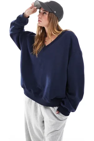 Bershka V neck sweatshirt in navy