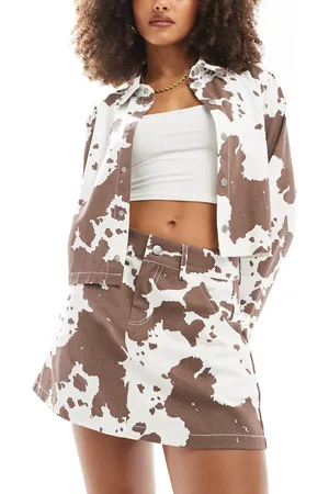 Pieces® Denim mini skirt co-ord in brown cow print