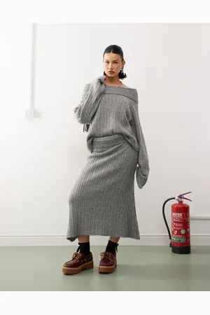 COLLUSION Knitted ribbed maxi skirt in charcoal co-ord