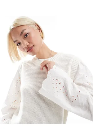 Object Ribbed knit jumper with wide broderie sleeves in