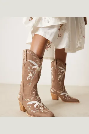 Glamorous Embroidered western knee boots in tan