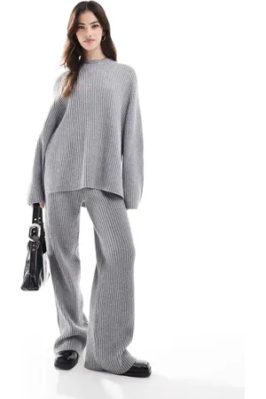 Pimkie Ribbed knit wide leg trouser co-ord in light