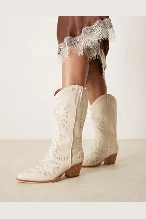 Glamorous Embroidered western knee boots in cream
