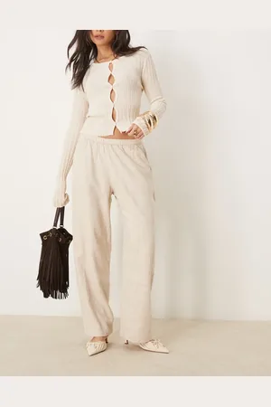 Abercrombie & Fitch Pull on linen blend straight leg trouser in beige
