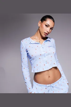 Kaiia Exclusive pointelle button through pyjama top co-ord in baby ditsy floral