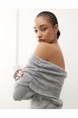 Reclaimed Fluffy knitted bardot ruched jumper in