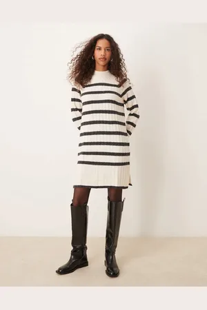 JDY High neck knitted dress in and white stripes