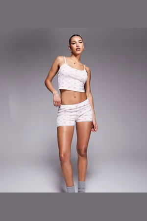 Kaiia Exclusive pointelle rose detail pyjama shorts co-ord in white bow print