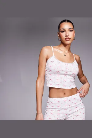 Kaiia Exclusive pointelle rose detail cami pyjama top co-ord in white bow print