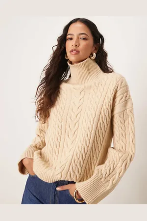 Miss Selfridge Knitted cable funnel neck jumper in buttermilk
