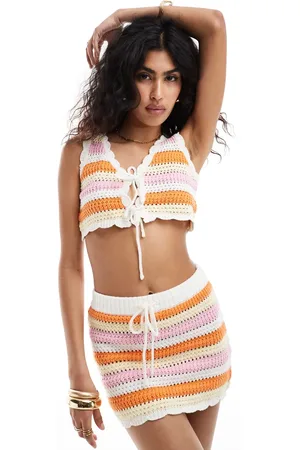 The Frolic Exclusive tropic tie front crochet mini beach skirt co-ord in