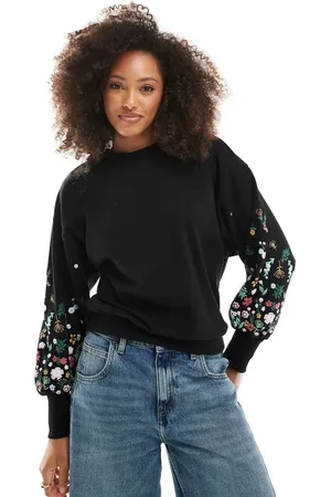 ONLY Crew neck jumper with floral sleeve detail in