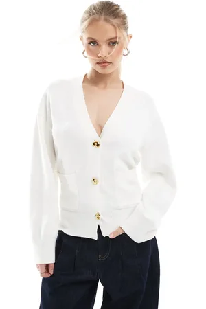 4th & Reckless Structured v neck gold button detail cardigan in cream