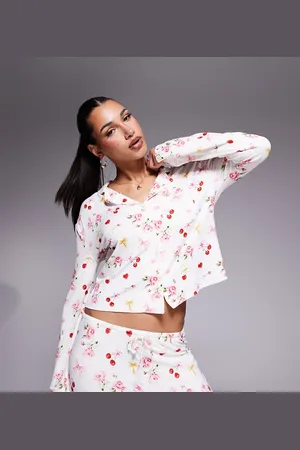 Kaiia Exclusive mix & match pyjama shirt co-ord in cherry rose bow print