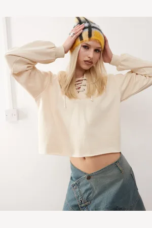 Monki Cropped hoodie with lacing detail in off