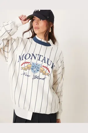 Abercrombie & Fitch Stripe detail motif fleece top in cream multi